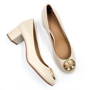 Tory Burch Chelsea Pumps Block Heel Cream Leather Gold Logo ClassicSz 6.5